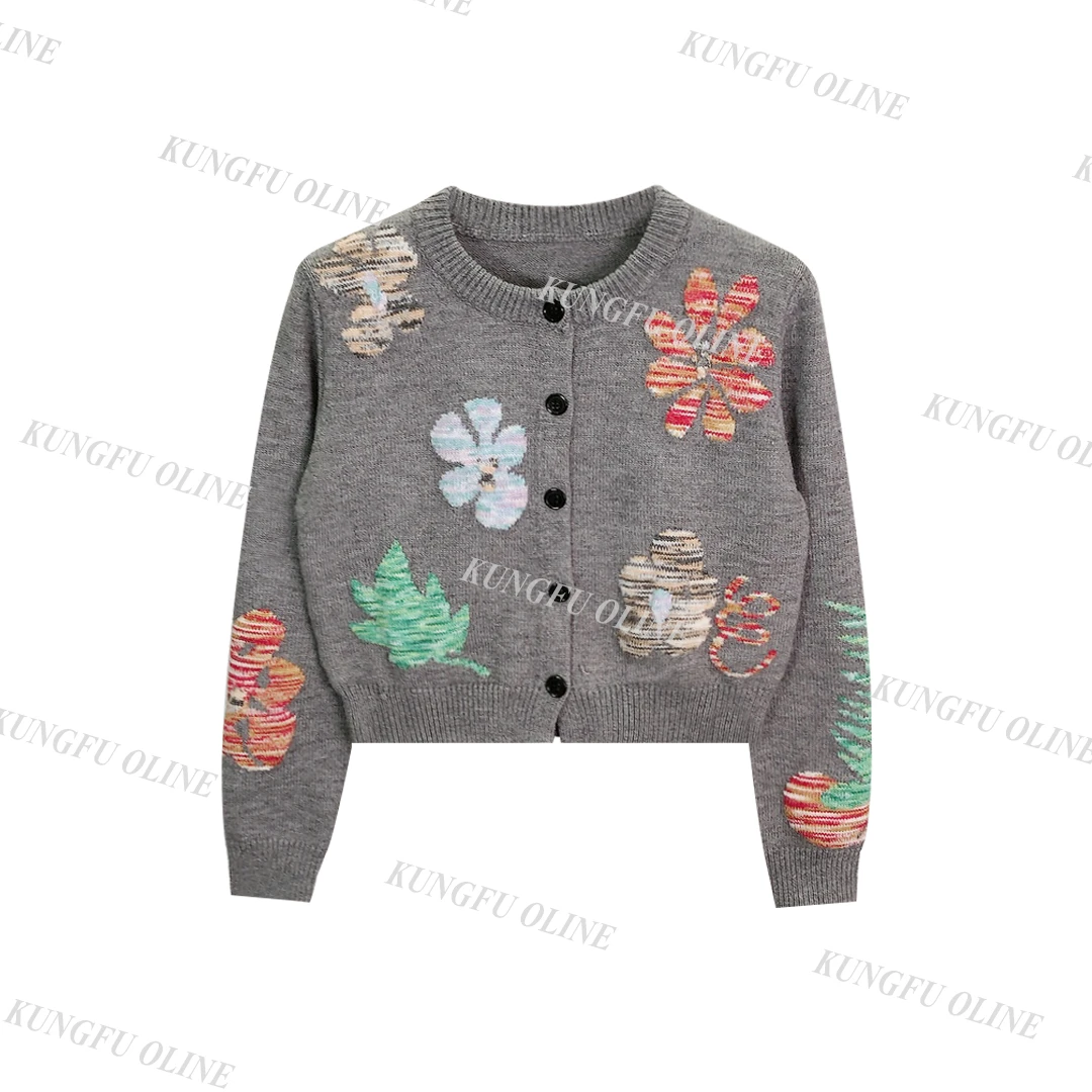 【小妖】KS7737时尚减龄花朵宽松百搭显瘦针织开衫女士圆领毛衣