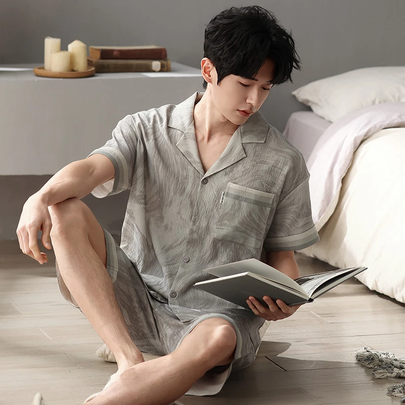 YIHAN-夏季新款睡衣男舒适透气棉感宽松简约薄款男士家居服套装