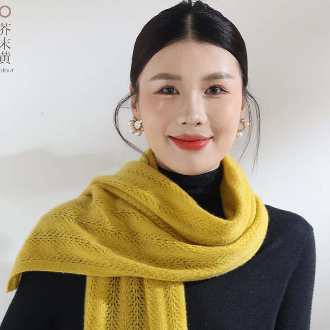100%纯山羊绒韩版围巾ol高档女秋冬款保暖纯色百搭针织镂空围脖
