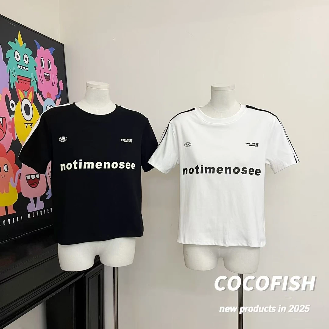 美式甜美双杠字母简约显瘦短袖T恤#33606