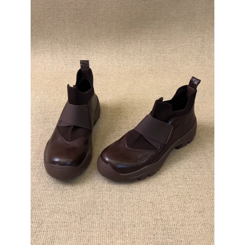 nnmiss/4.5cm复古圆头运动厚底短靴针织拼接交叉松紧带套筒及踝靴