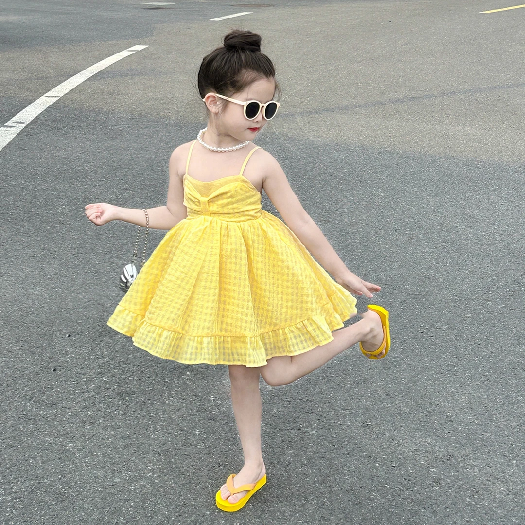 壹妈韩版童装女童连衣裙夏季新款洋气儿童黄色时髦露背吊带公主裙