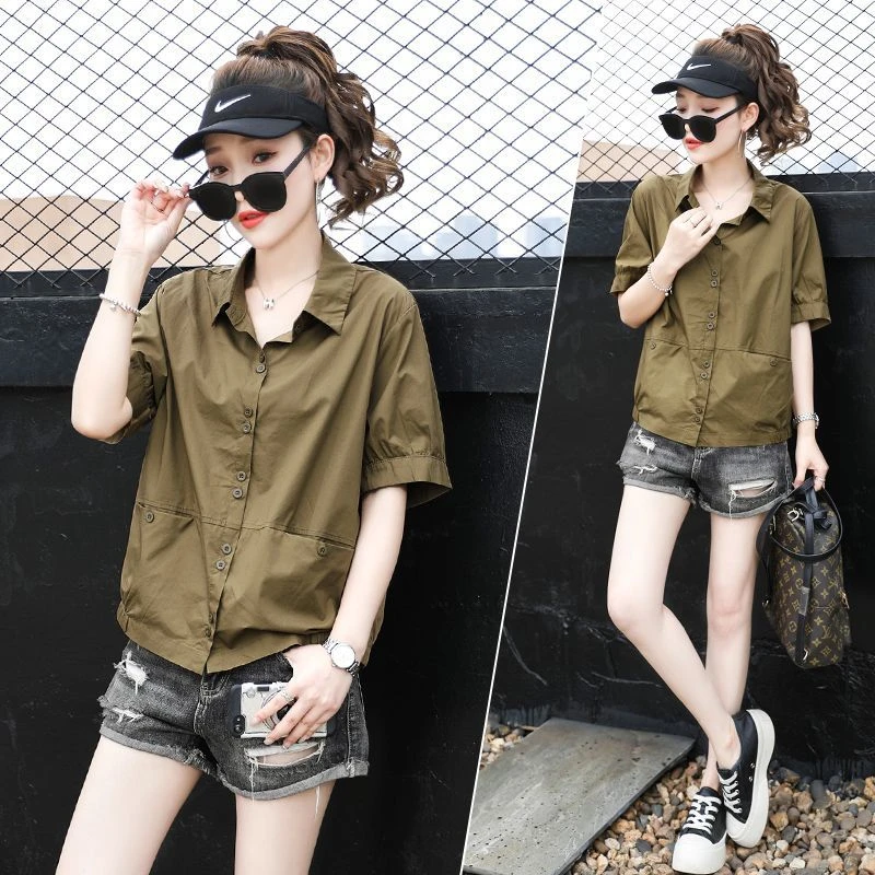 欧货工装短袖衬衫女夏季时尚小众宽松遮肚气质休闲纯色POLO领衬衣