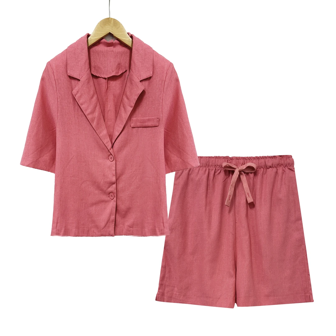 夏季新品！女士夏季翻驳领开衫短袖短裤两件套E531