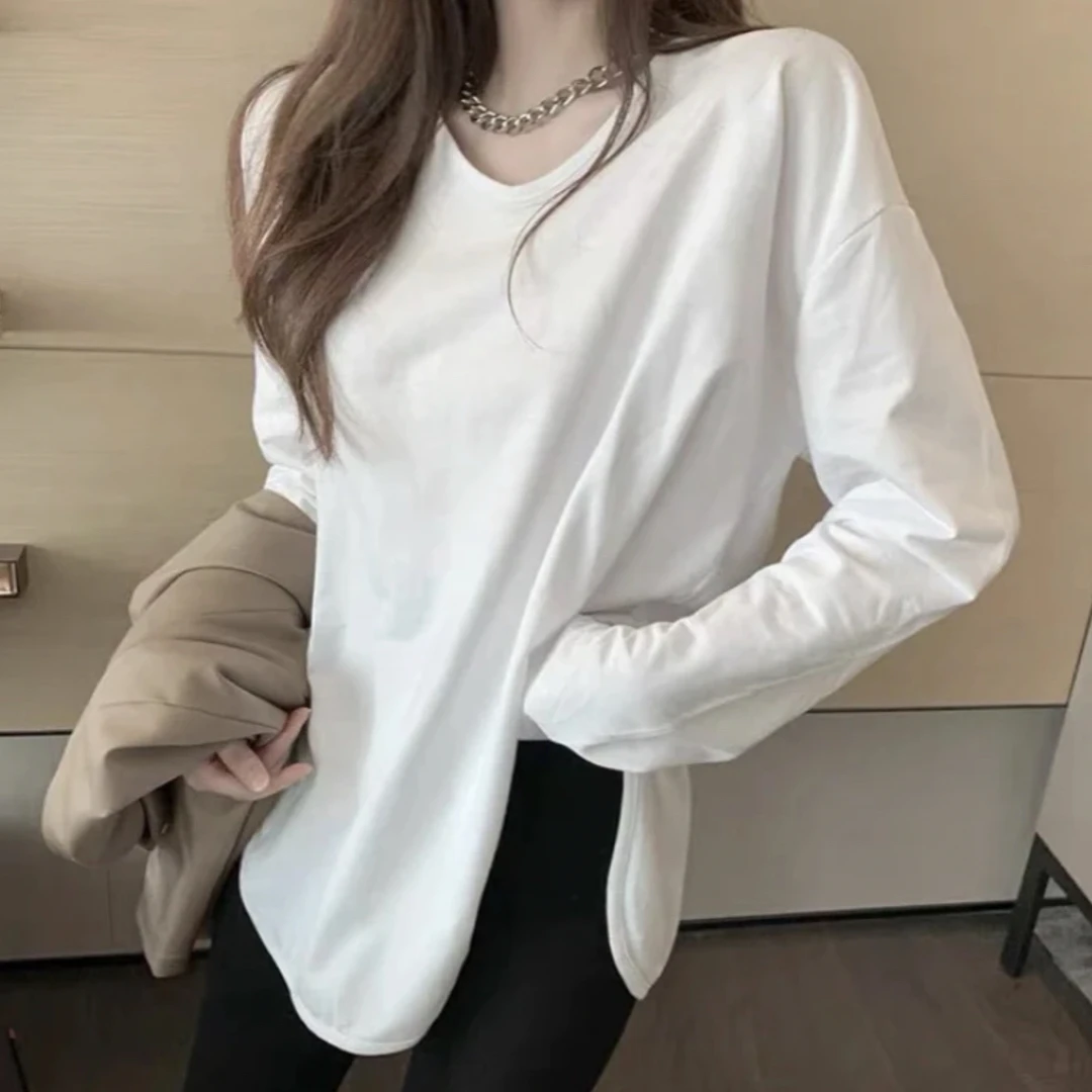 2025新款韩版宽松锁骨时尚休闲百搭外穿内搭白色打底衫加长款T恤