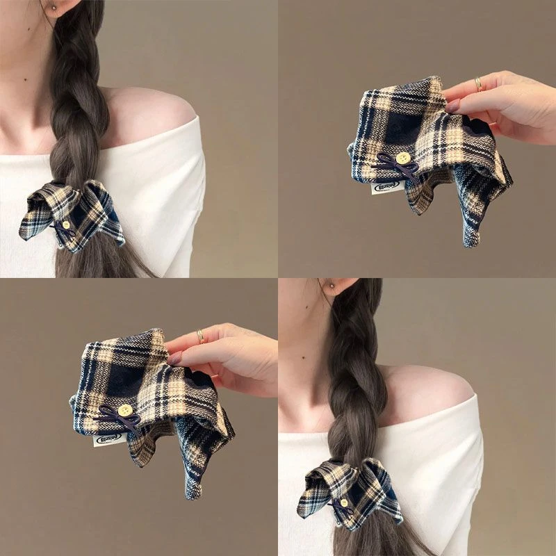 晚秋之枫~新潮秋冬格纹撞色方巾发圈时尚纽扣蝴蝶结复古发饰头绳