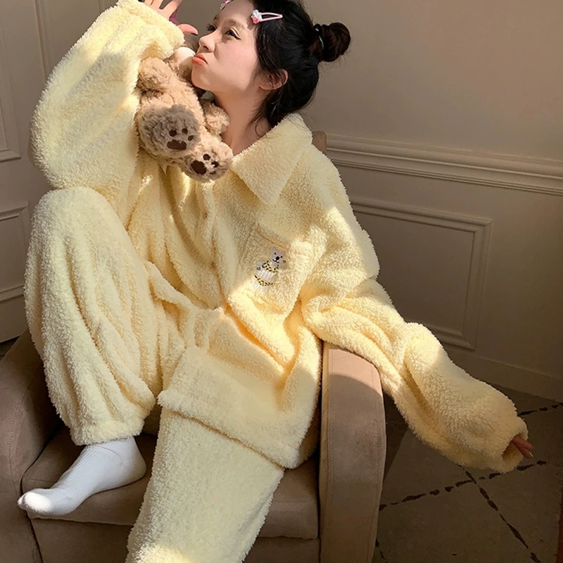 秋冬新款奶黄小熊半边绒睡衣加厚保暖柔软舒适可爱女长袖套装2868