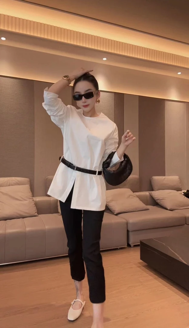 （李老板）早春新款腰带开叉衬衫（衣长70左右）