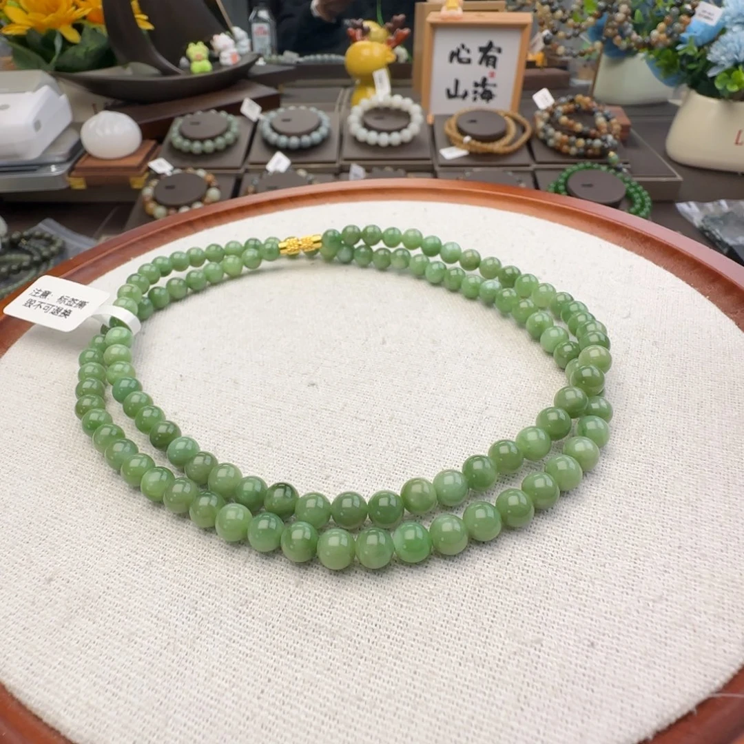 和田玉未镶嵌手链卡6黑羊洞满绿色108，7