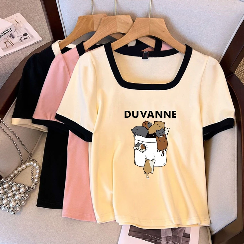 特大码200斤气质港风正肩方领短袖t恤女夏季百搭韩版撞色显瘦上衣