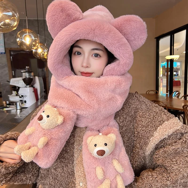 范哲萨小熊帽子围巾一体女2025冬季新款冬天手套围脖电动车防风三