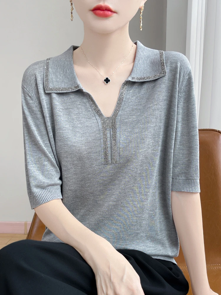 莱赛尔天丝镶钻剪刀翻领短袖女