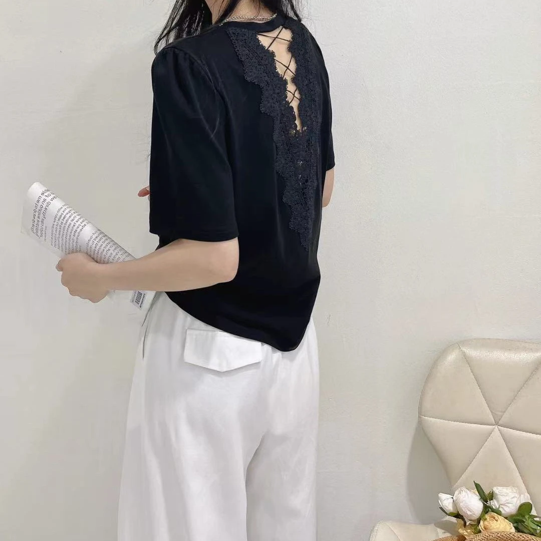 Meiky饼 复古时尚 设计感后背蕾丝钩花拼接短袖T恤 3色