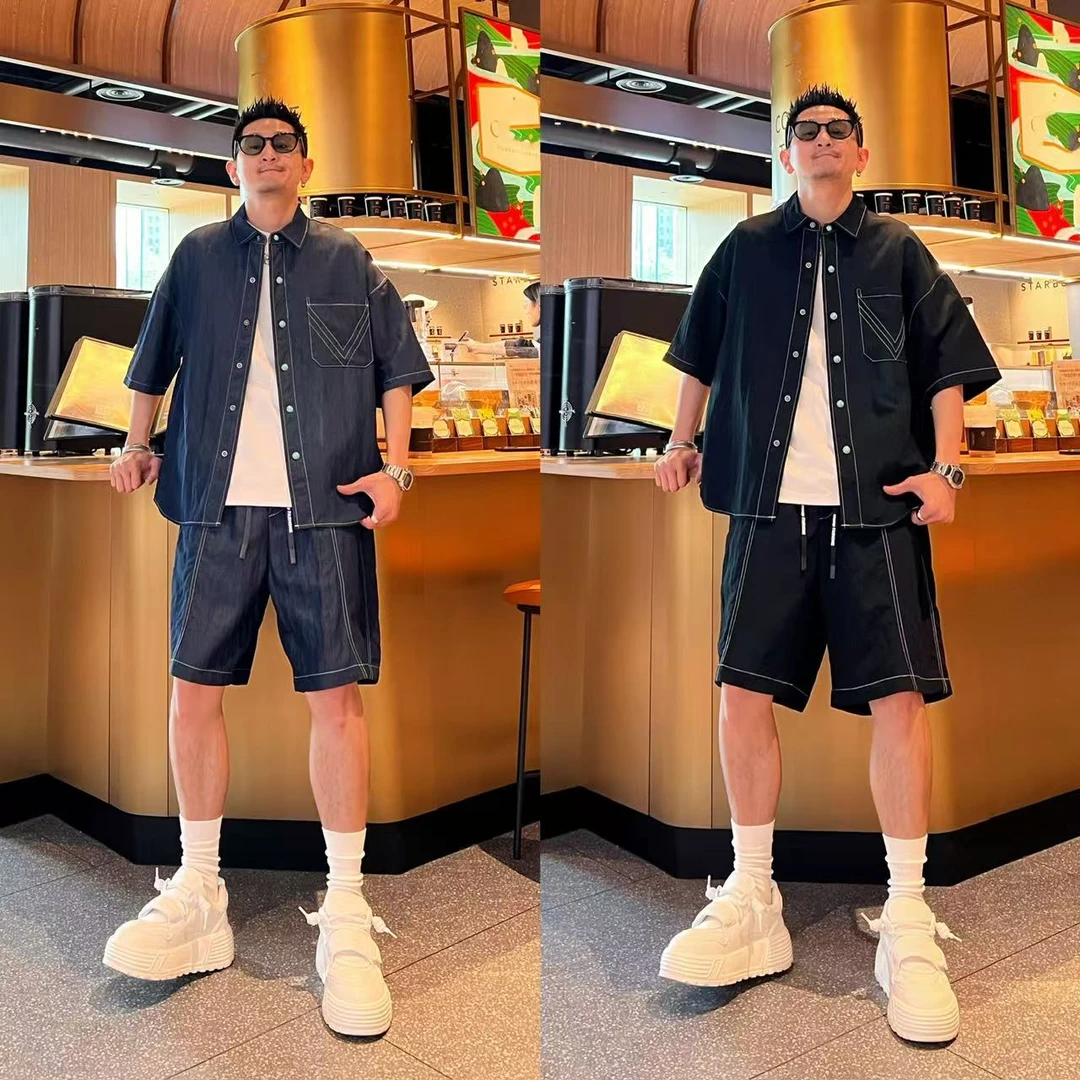 休闲简约百搭时尚宽松透气舒适水洗牛仔明线设计感短袖短裤套装