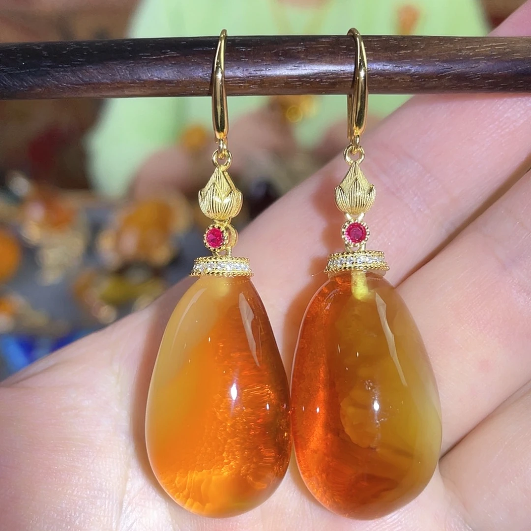 琥珀耳环银S925镀金镶嵌