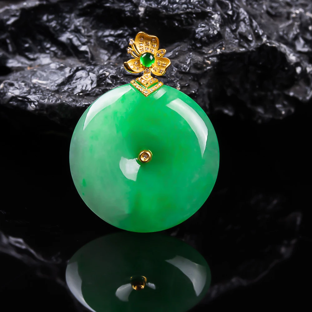 缅甸翡翠吊坠冰润飘阳绿平安扣挂件18k金镶嵌天然A货