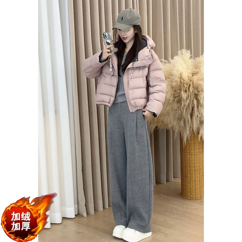 小个子显高松紧腰直筒加绒裤子短款连帽长袖棉服冬季时尚炸街穿搭