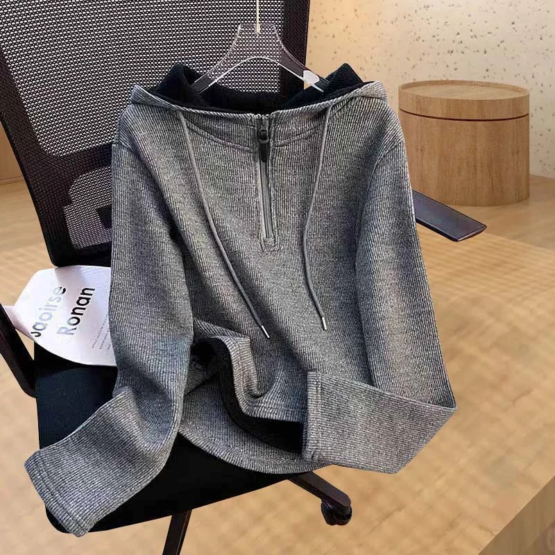 特大码200斤高级感韩系假两件连帽卫衣女秋冬加厚磨毛长袖上衣ins