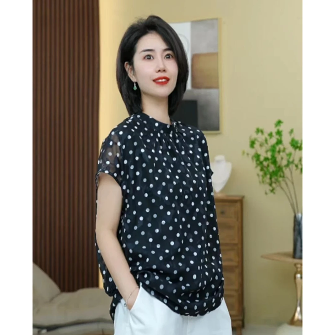新款时尚气质百搭显减龄瘦圆领轻奢洋气波点衬衫碎花显瘦衬衣休闲