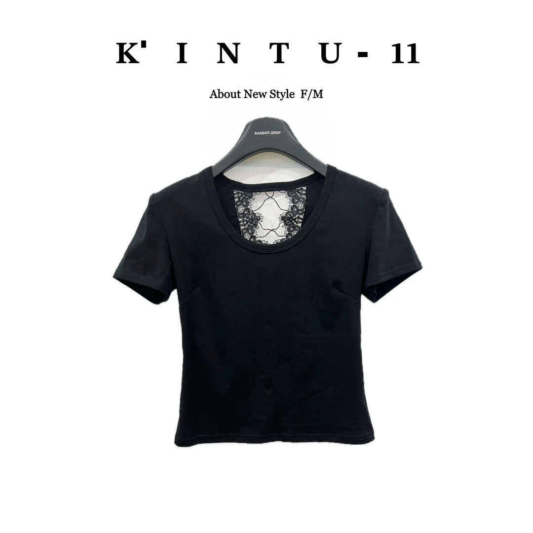 【K-11】原创设计后背镂空蕾丝花边露背短袖T恤材2527