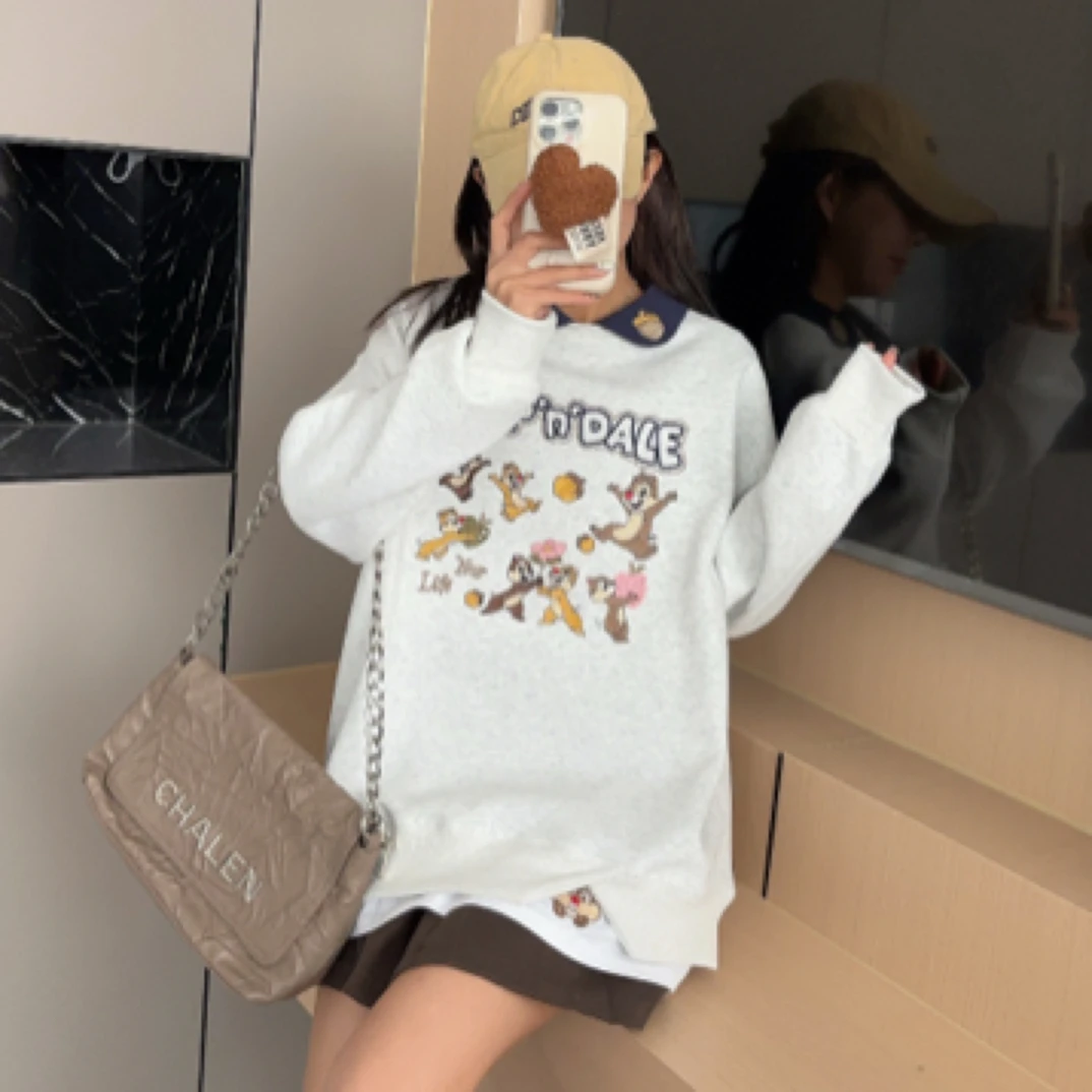 2025早春新款奇奇蒂蒂松鼠重工刺绣翻领假两件中长款套头宽松卫衣