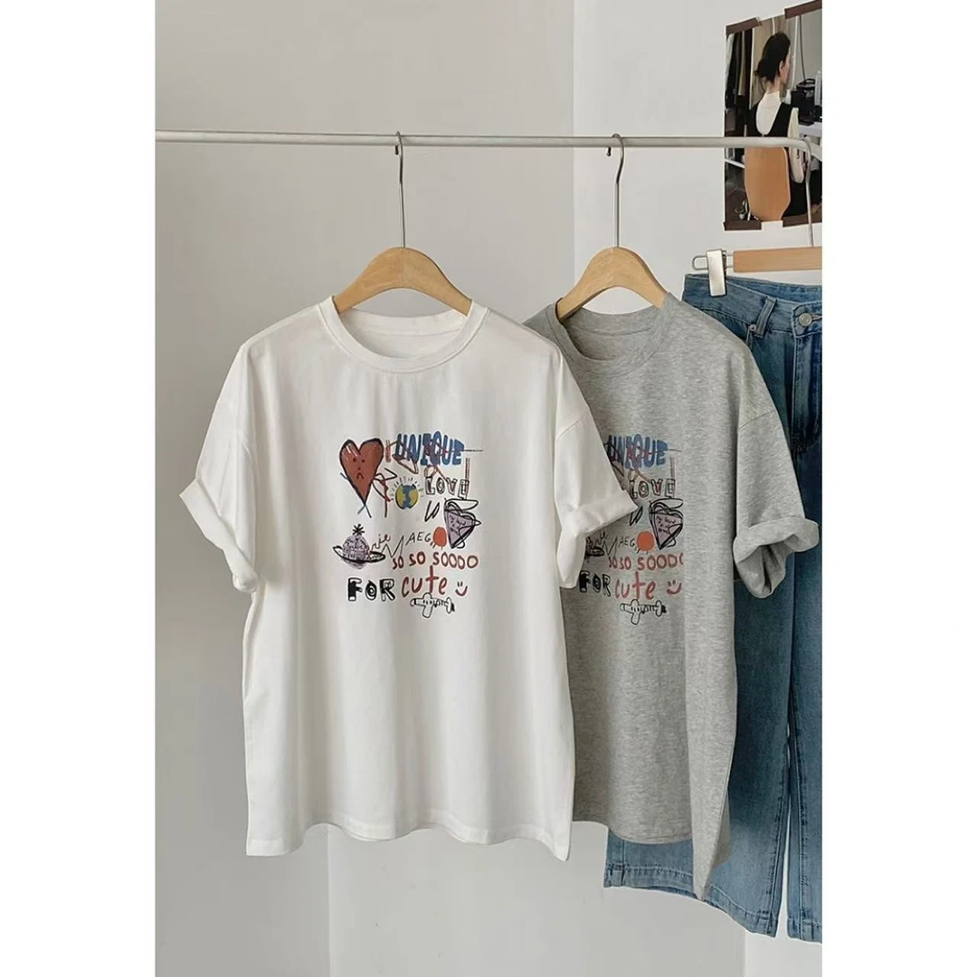 苗苗家【涂鸦大体】ins风涂鸦水洗精棉百搭短袖上衣