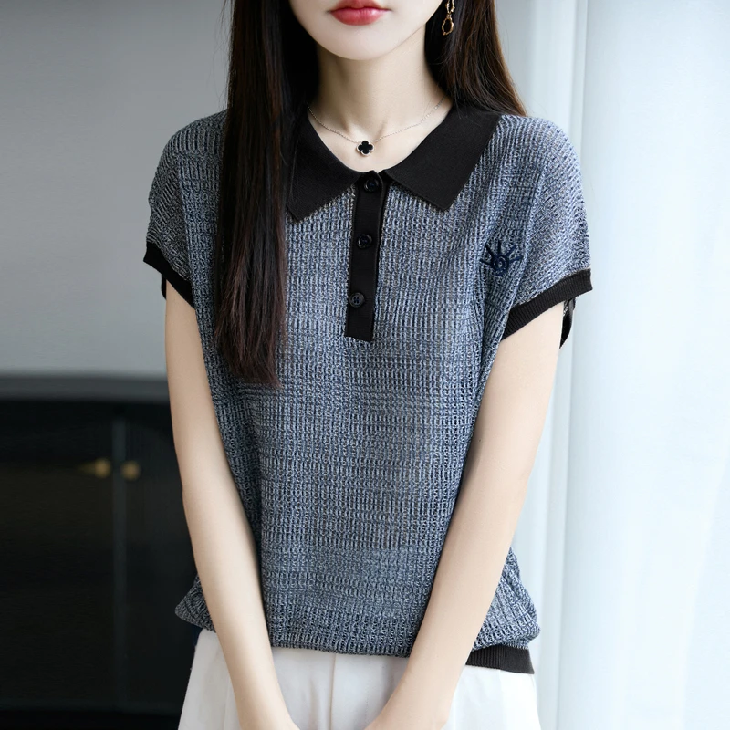 哥弟阿玛施正品夏季新款翻领刺绣飞飞袖透气短袖拼色百搭洋气上衣