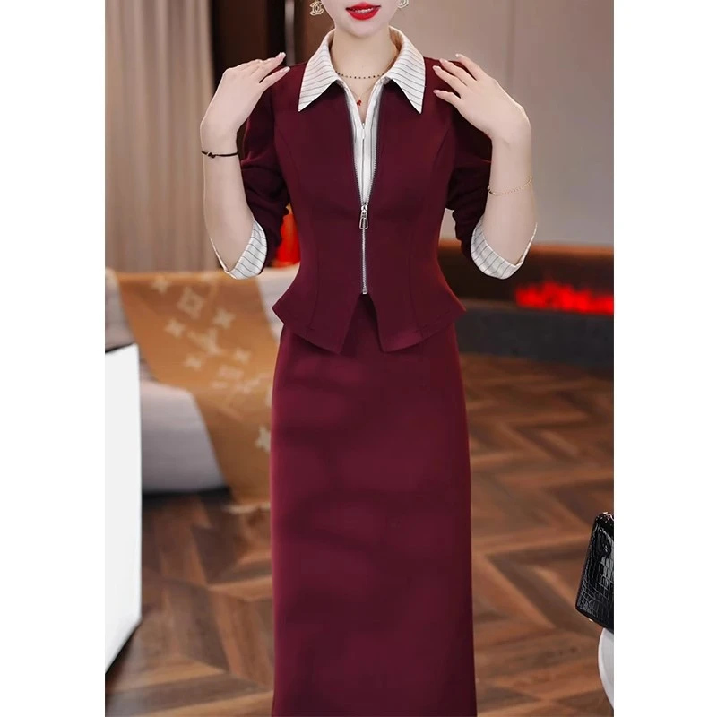 春秋长袖连衣裙女2025新款春季喜婆婆婚宴高端显瘦假两件妈妈裙子