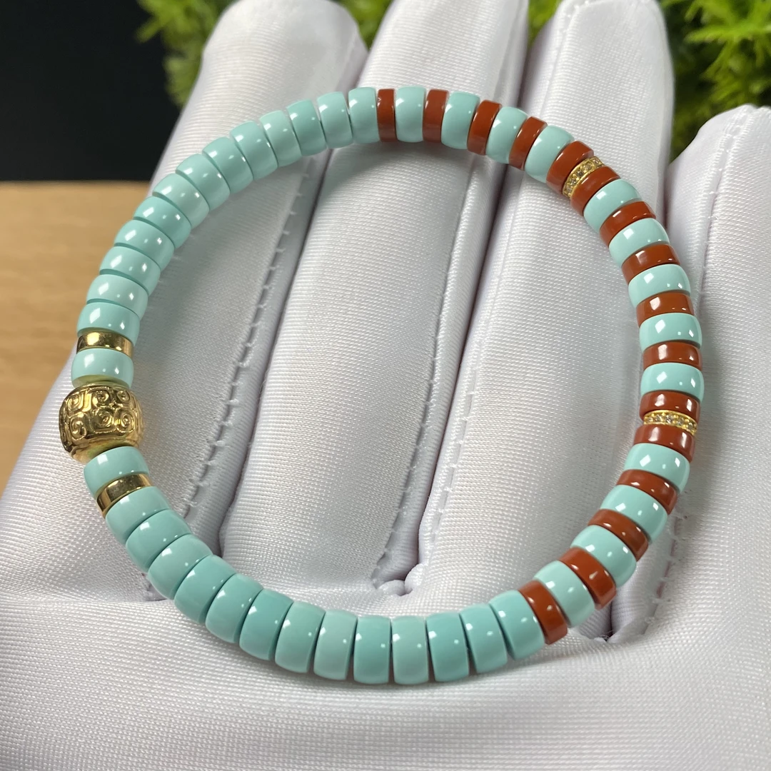 原矿绿松石精品直切手串 直切5.7mm，18K回纹，重10.32g，圈围15.5cm