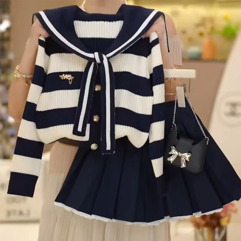 女童套装春装2025新款洋气儿童秋装针织衫宝宝秋季条纹开衫两件套