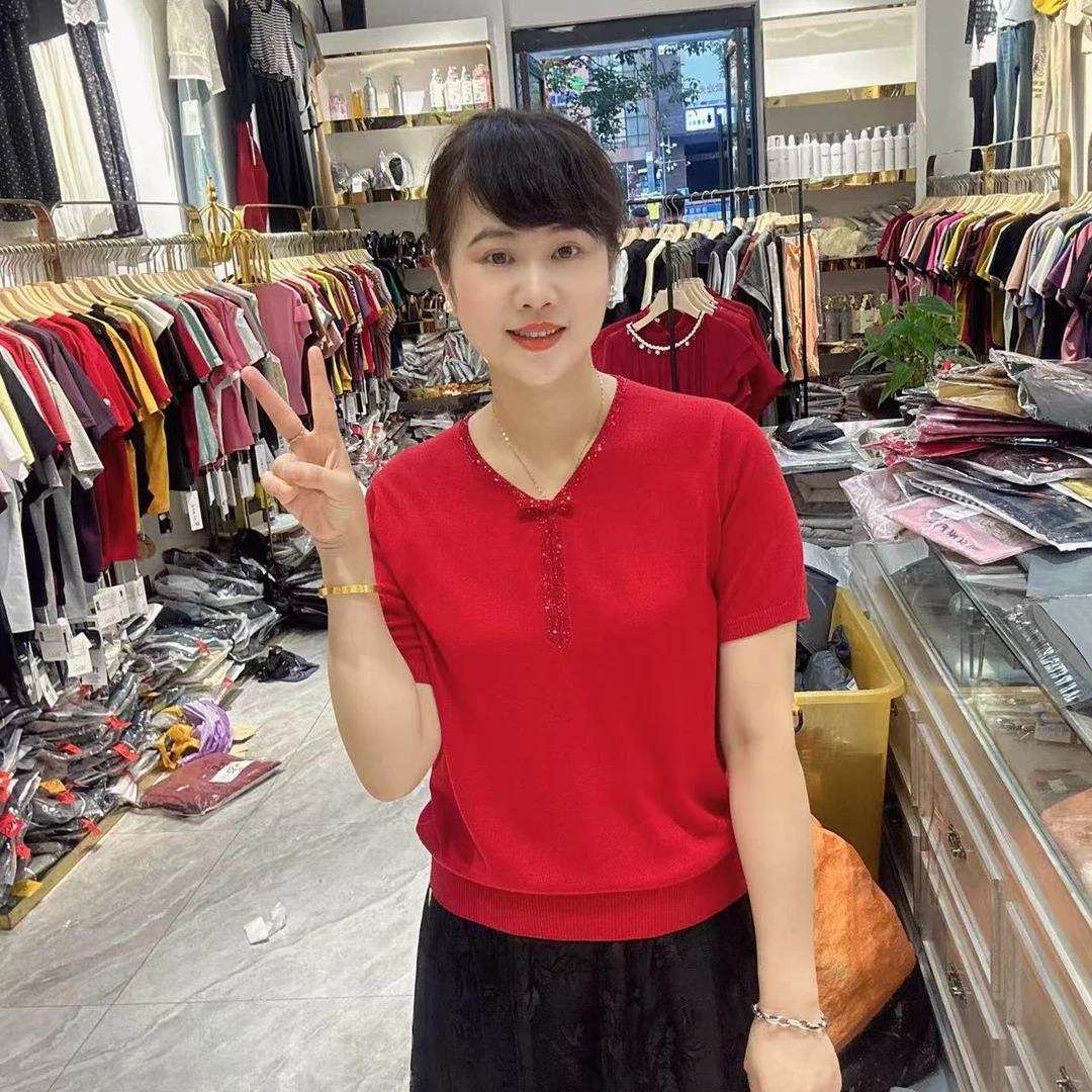 24～25151圆领烫钻冰丝线上衣长58公分