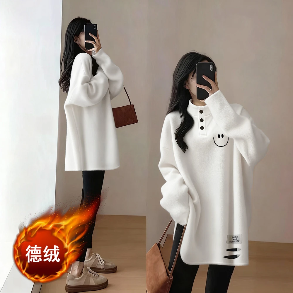 冬季白色简约休闲上衣秋季新款半高领德绒打底衫长袖女士保暖t恤