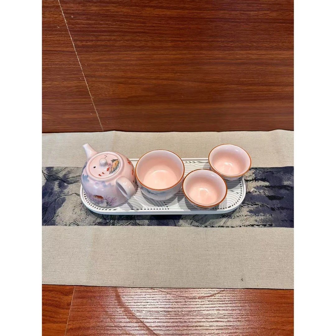 ZH1892-粉汝村野窑壶+主人杯1+品茗杯2+密胺白色小茶盘b327