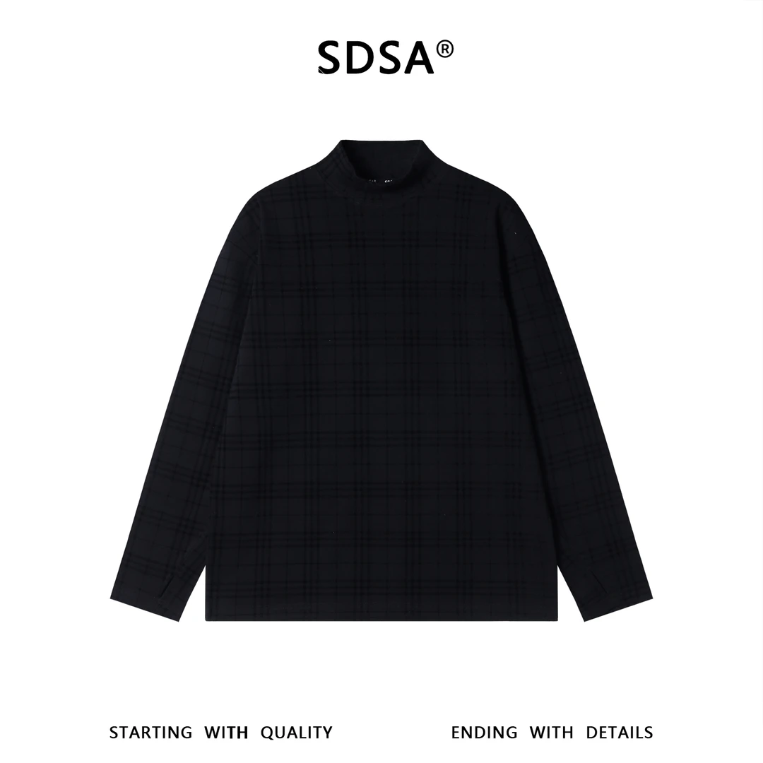SDSA男士秋冬新款痞帅男装潮牌复古撞色格纹格子立领长袖T恤百搭