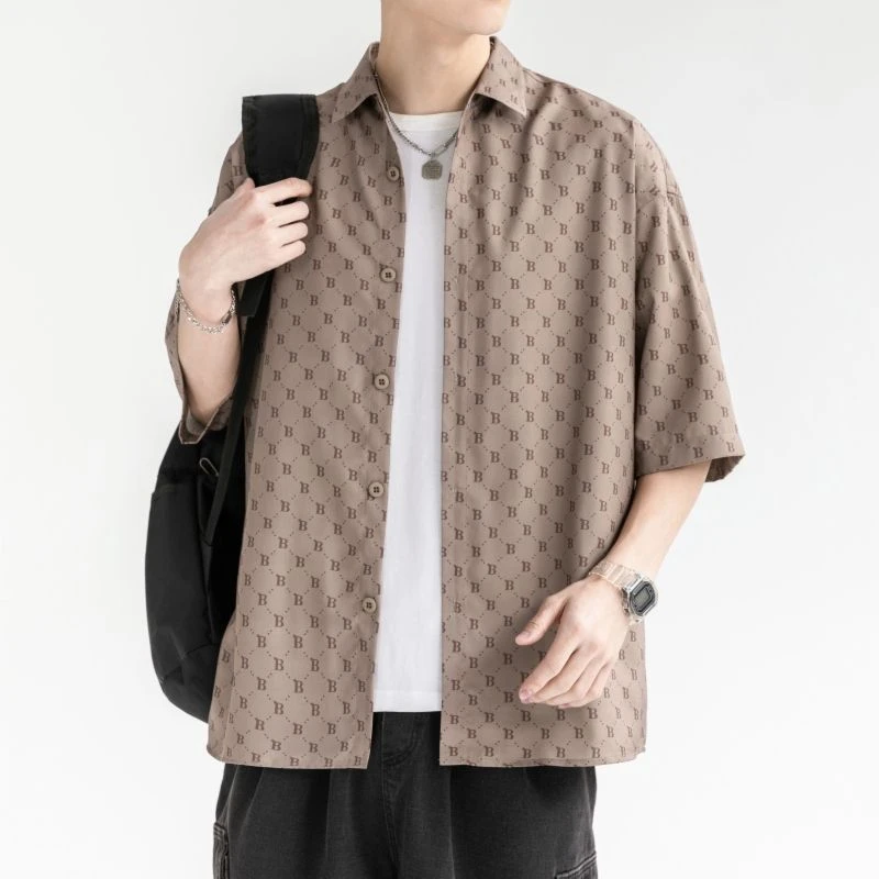 日系潮牌字母满印花短袖衬衫男装夏季新款休闲百搭宽松帅气上衣潮