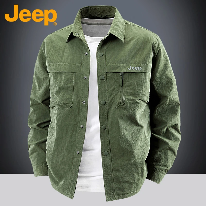 Jeep吉普工装衬衫男春秋季长袖户外速干透气宽松百搭通勤休闲衬衣