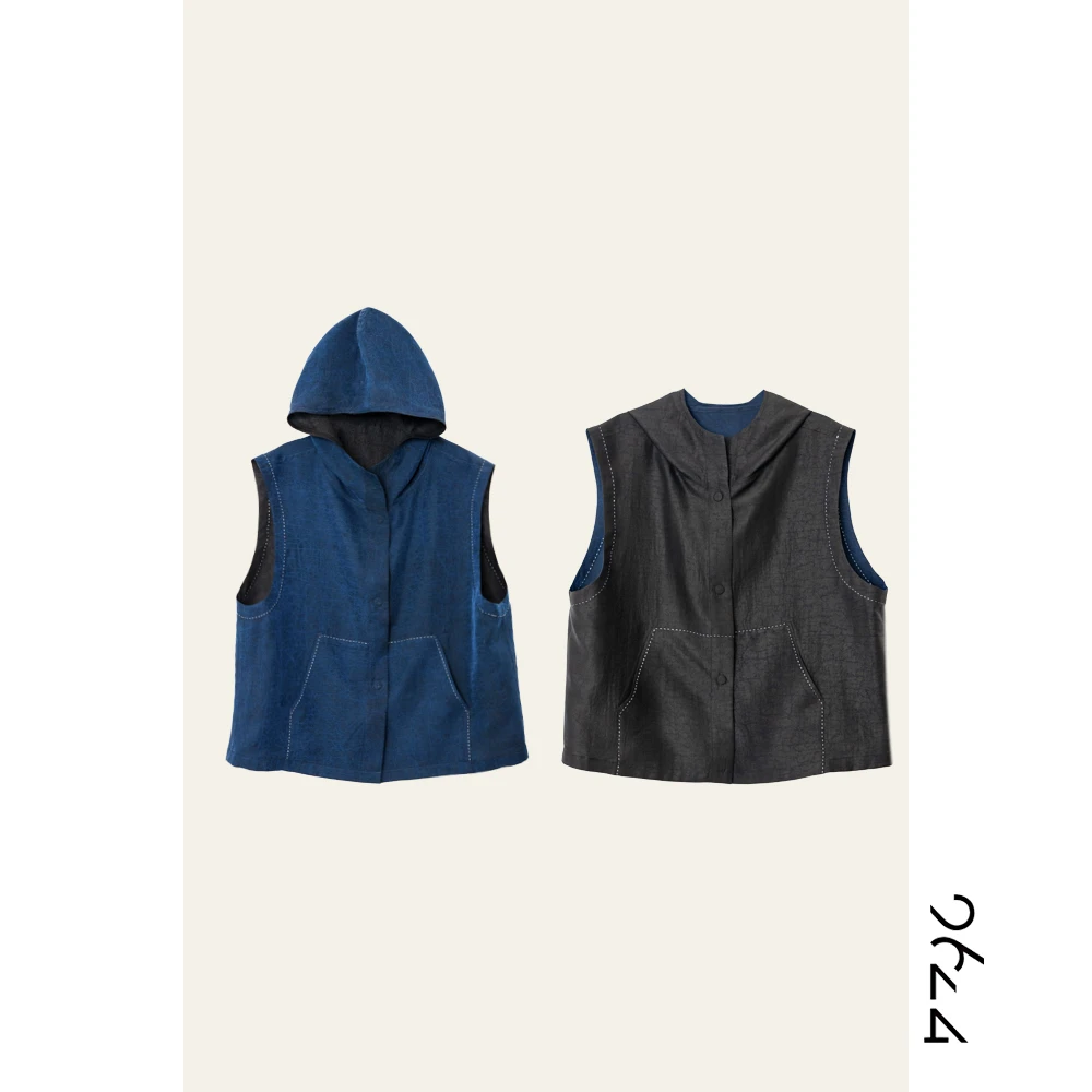 【享乐】100桑蚕丝香云纱蓝龟双面可穿！手工贡针女装连帽马甲91182