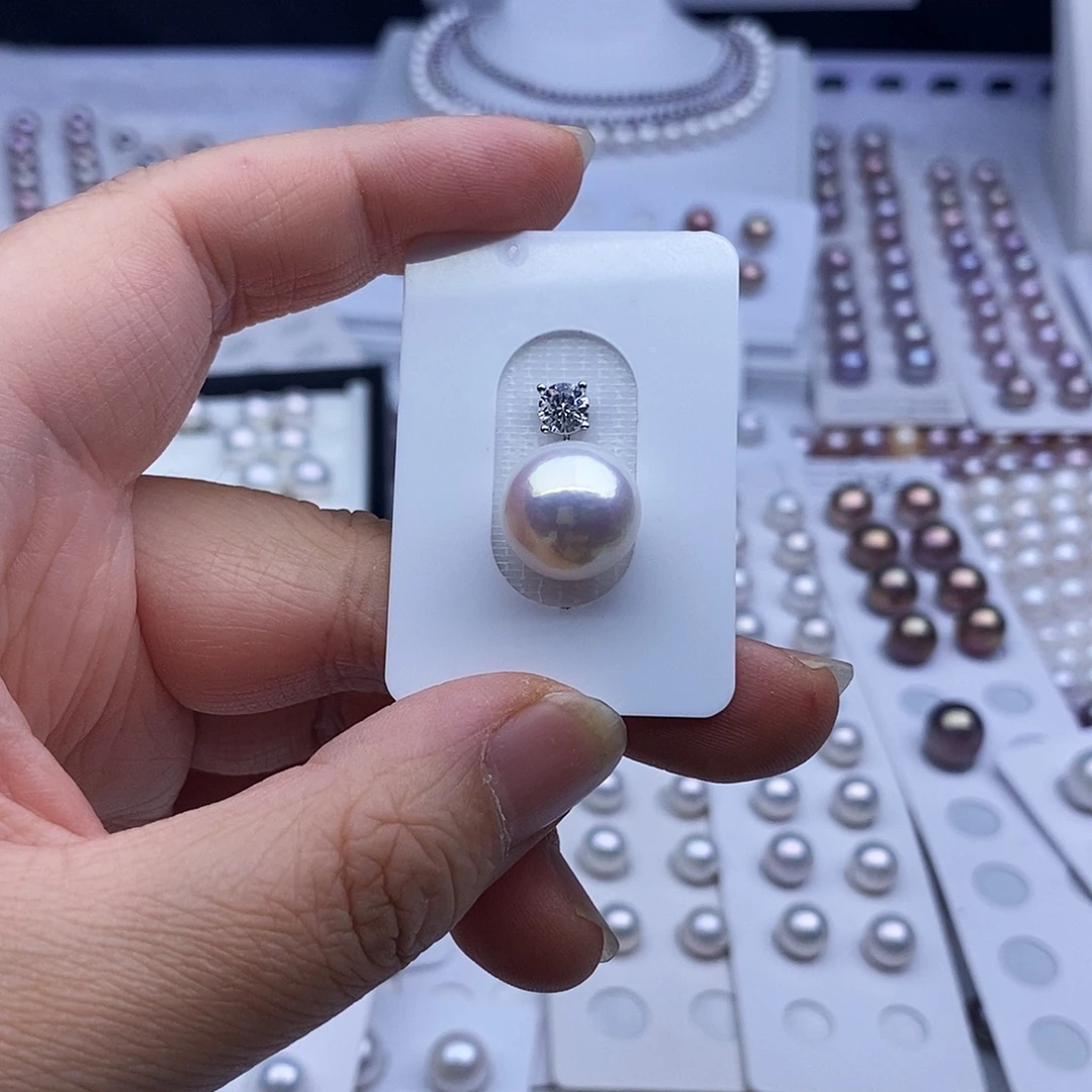 耳饰淡水珍珠银S925镶嵌13.4mm定制吊坠不退换