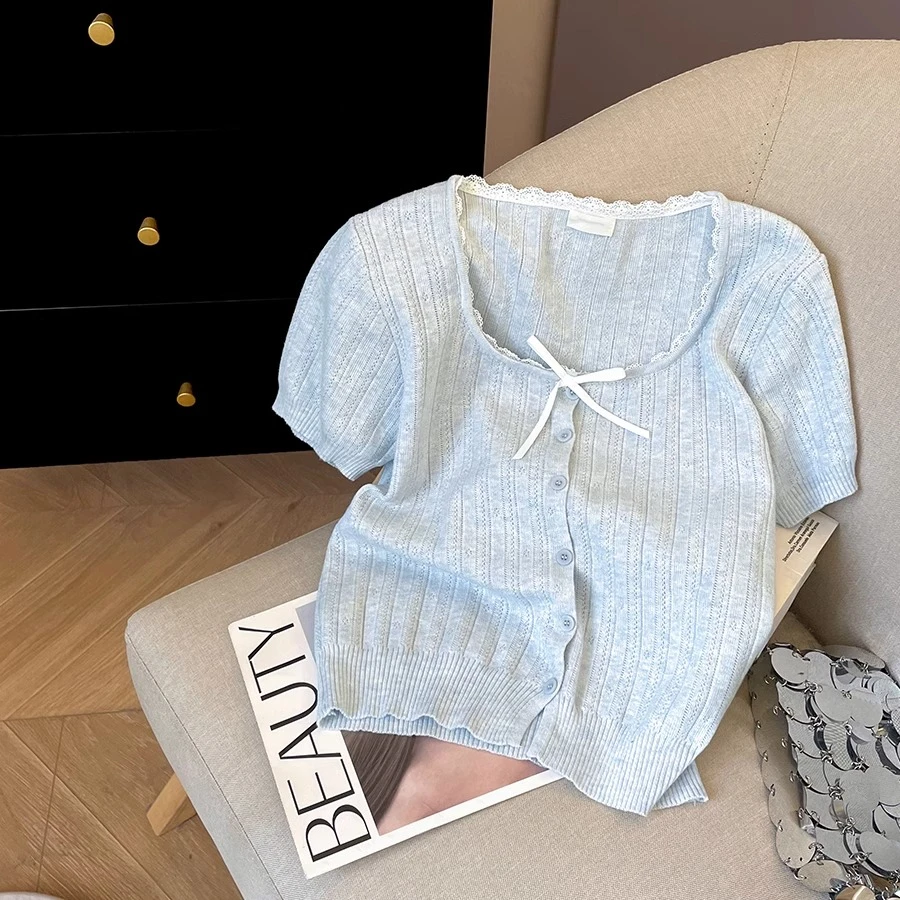 法式u领蕾丝边拼接针织T恤女装2025夏季新款爆款甜美短袖开衫上衣