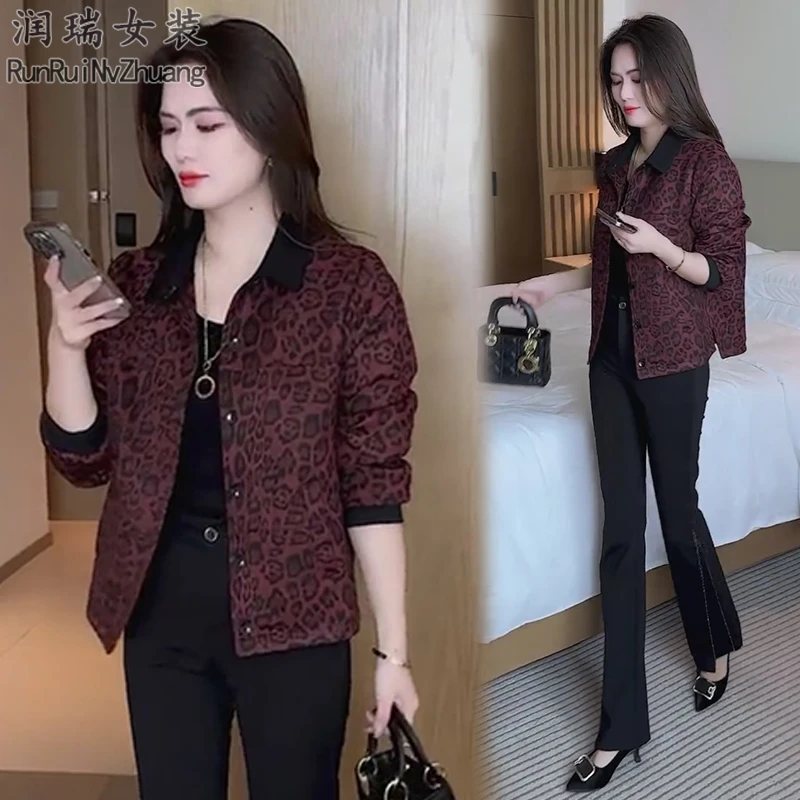 豹纹纽扣翻领短款夹克女2025秋季新款法式中老年网红时尚短外套潮