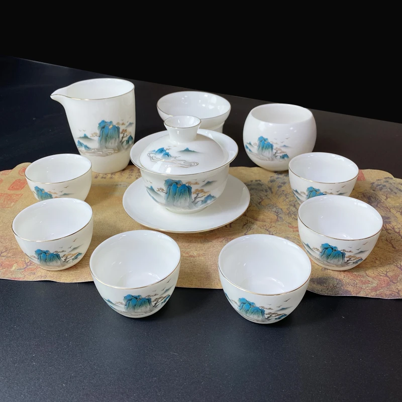 迎客江山盖碗套装高档羊脂玉白瓷家用功夫泡茶杯茶碗主人杯