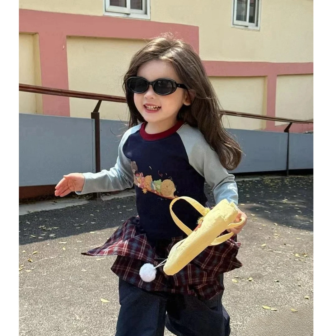 秋季时尚儿童服装女童卡通韩版森系格子长袖套装洋气百搭纯欲风