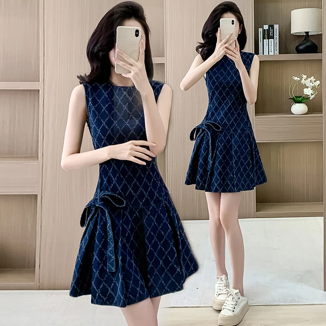 菱形格纹小香风牛仔连衣裙女夏季2025新款独特漂亮别致无袖背心裙
