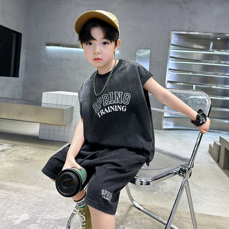 潮牌做旧男童无袖套装夏装2025新款韩范儿童装坎肩短裤两件套夏季