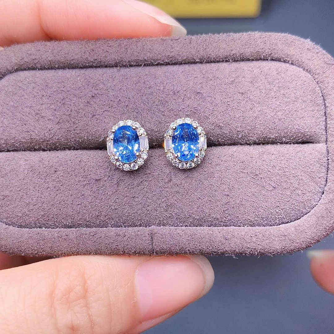 海蓝宝石耳钉银S925镶嵌