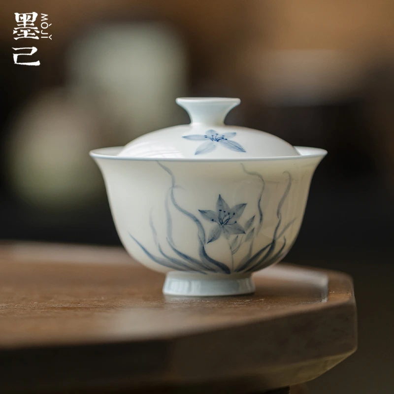 墨己玉泥薄胎手绘青花凌波陶瓷盖碗功夫茶具家用素雅水仙花泡茶碗