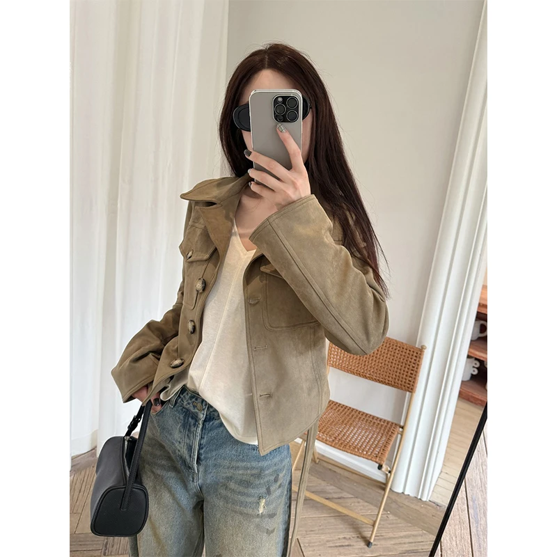 美拉德风复古沙色麂皮短外套女2025秋季气质高级感单排扣夹克上衣
