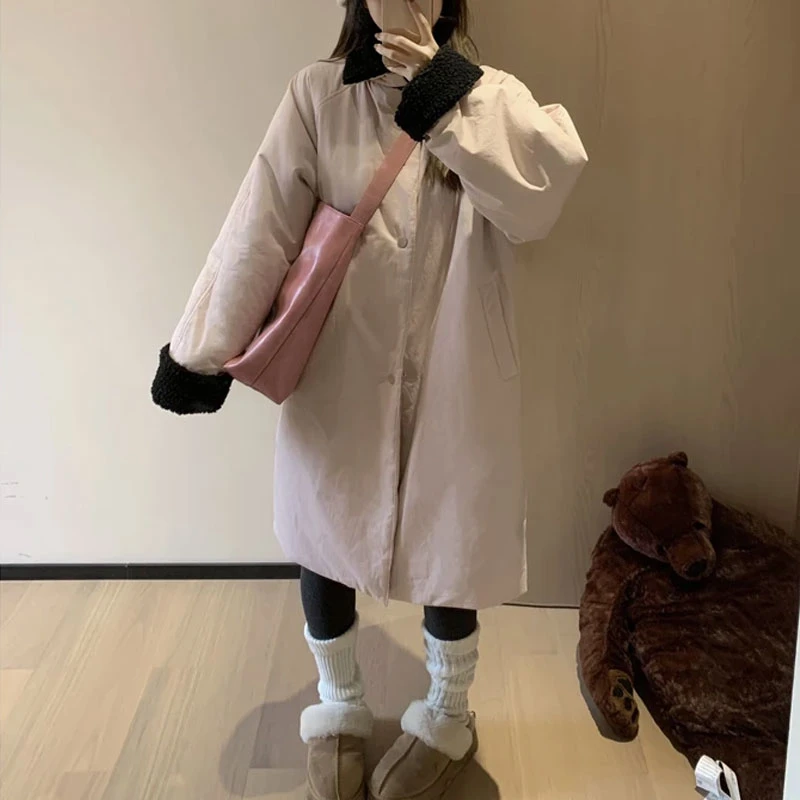 2025新款设计感时髦撞色夹棉外套少女感翻领宽松保暖棉服