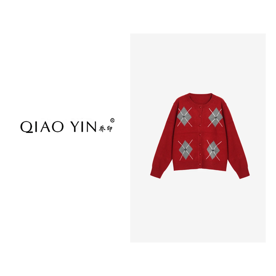 QIAO YIN"毛衣“加厚正肩钩花针织开衫秋冬厚款上衣QY28629