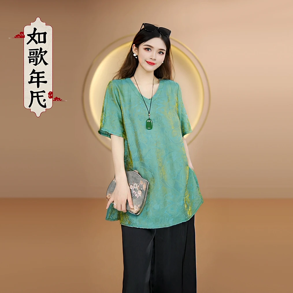 如歌年代夏季新款国风V领短袖开叉盘扣小衫复古气质浮光缎上衣女